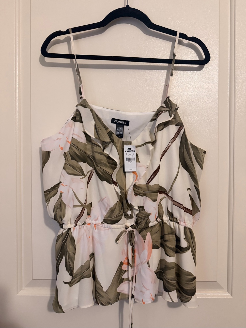 Express White Floral Tank Top with Olive Green Leaves